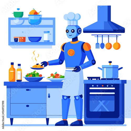 Blue Robotic Chef Preparing Meal near Stove in Bright Kitchen Featuring Various Cooking Ingredients and Utensils in Modern Flat Vector Illustration