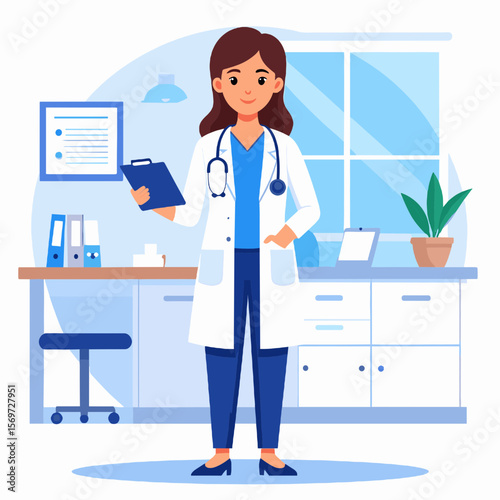 Brunette Woman Doctor in White Coat Holding Clipboard Standing Indoors in Clinic Office with Blue Accents Under Bright Indoor Lighting