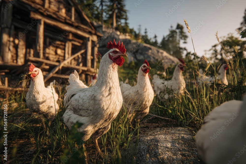 Fototapeta premium White chickens roam freely near a rustic wooden barn in a rural farm setting with lush grass fields