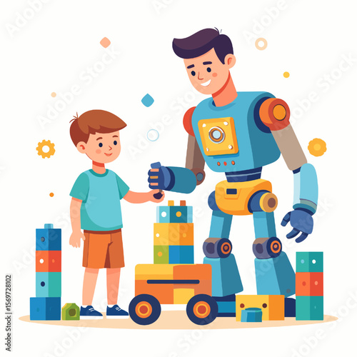Cartoon Boy and Robot Building a Colorful Block Tower Together in a Cheerful Scene on White Background