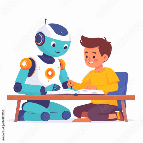 Cartoon Boy Studying with Teal Robot Tutor at Desk with Education Theme in White Background