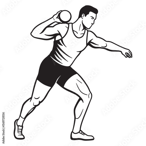Black and white illustration of a shot putter in a track and field competition