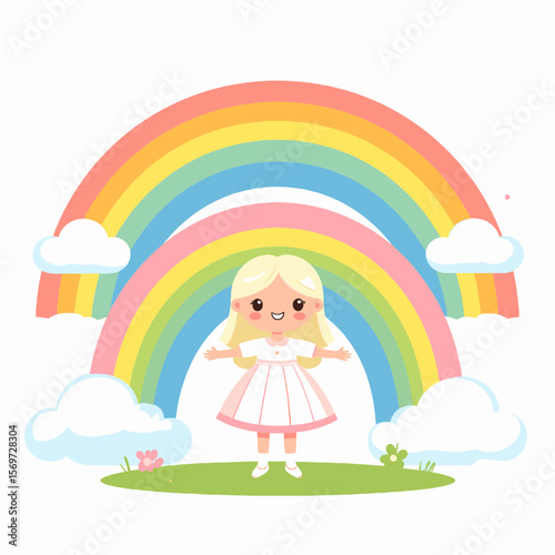 Cartoon Illustration of a Blonde Girl Under a Colorful Rainbow with White Clouds and Green Grass on White Background
