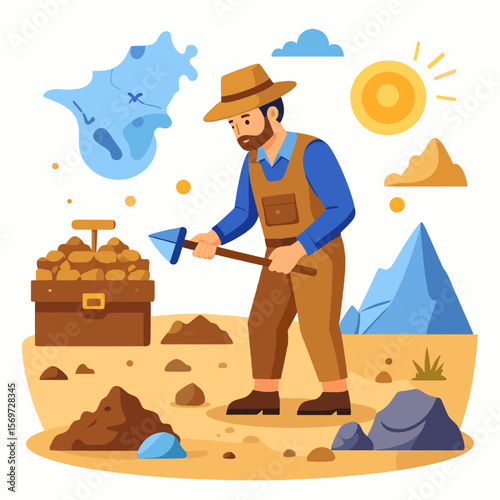 Cartoon Man Discovering Gold Treasure With Map and Shovel in Desert Landscape Under Yellow Sun wearing Brown Overalls and Hat