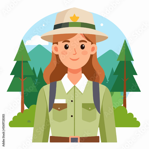 Cartoon Park Ranger with Hat and Backpack in Forest Landscape with Green Uniform Beige Hat and Green Trees