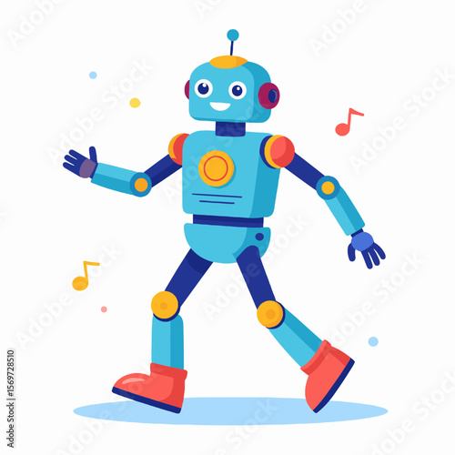 Cartoon Robot Dancing with Music Notes on White Background Cheerful Robotics Machine Concept