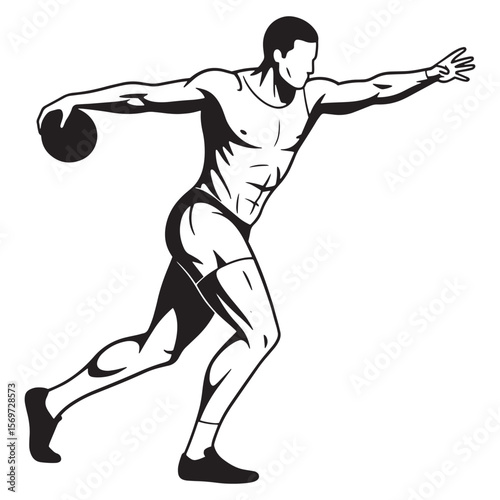 Black and white silhouette of a discus thrower in action sport fitness illustration