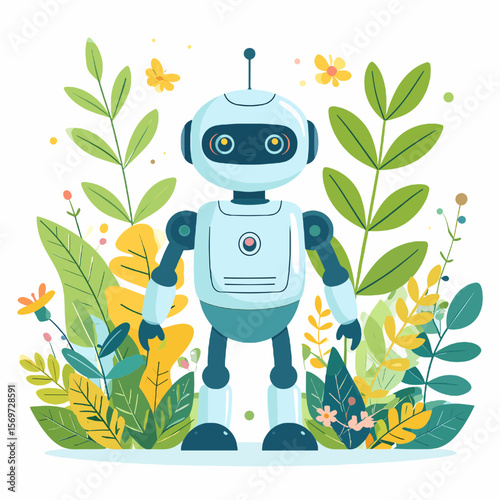 Cartoon Robot Surrounded by Greenery a Charming Blend of Technology and Nature in a Digital Illustration with a White Background