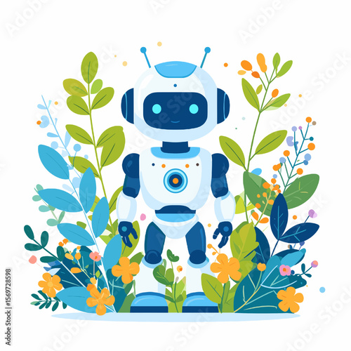 Cartoon Robot Surrounded by Colorful Flowers and Leaves on White Background Graphic Illustration