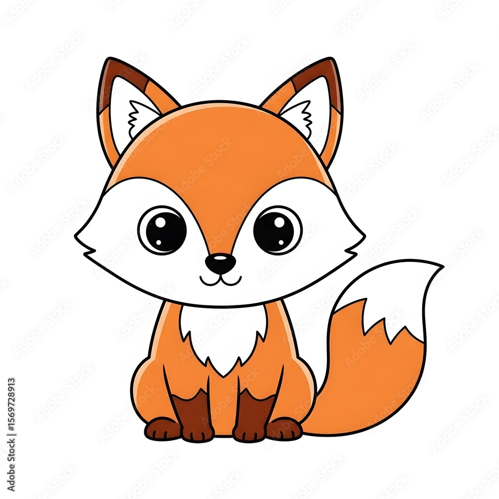 Fototapeta premium An adorable cartoon fox sitting down. A cute orange woodland animal character with large eyes and a fluffy tail. Isolated illustration for children.