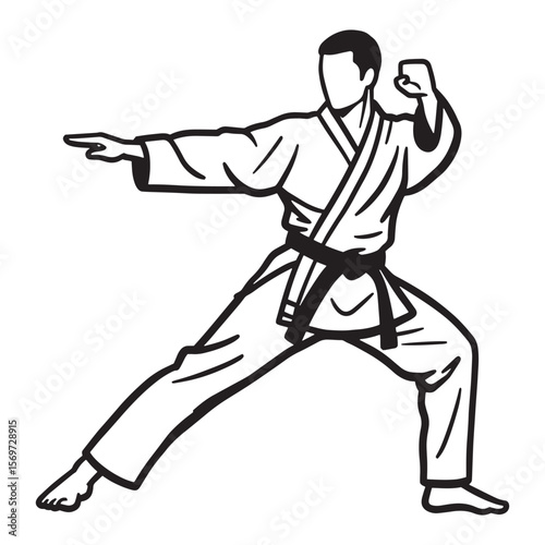 Black and white vector illustration of a karate practitioner performing a fighting stance