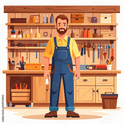 Cheerful Carpenter in Blue Overalls Standing in Brightly Lit Wood Workshop Interior with Tools and Supplies Displayed on Shelves