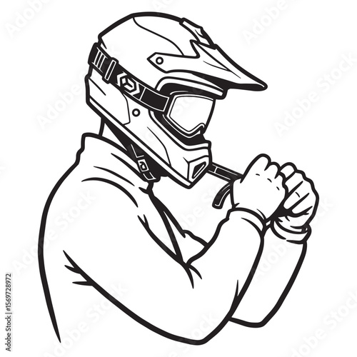 Black and white vector illustration of a motocross rider wearing a protective helmet