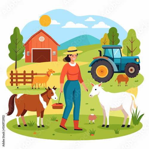 Cheerful Female Farmer Tending to Animals Near Red Barn and Blue Tractor in Sunny Rural Landscape Illustration