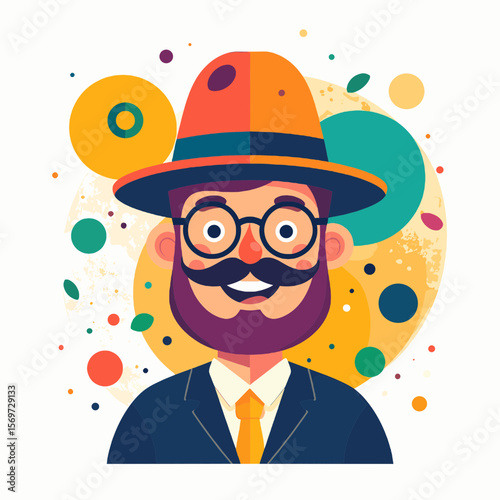 Cheerful Man with Orange Hat and Neat Mustache Wearing Glasses and a Dark Blue Suit and Yellow Tie in Front of Colorful Geometric Background