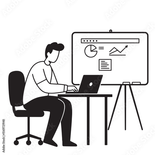 Businessman analyzing financial data with laptop and presentation board in black and white