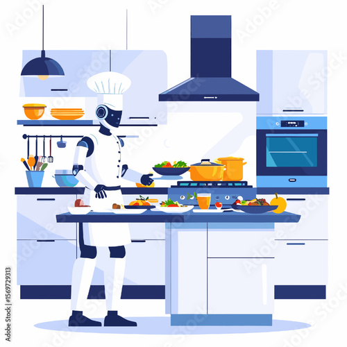 Chef Robot Preparing Meal in Modern Blue and White Kitchen with Stove Oven and Utensils Flat Vector Illustration