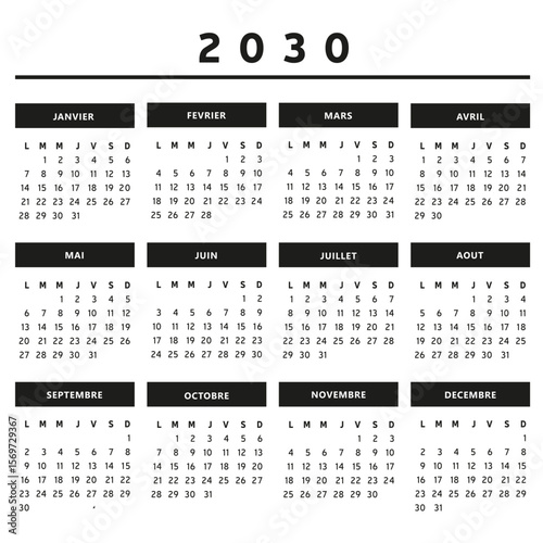 Calendrier 2030 en Français - Couleurs Noir et Blanc Format 4 Trimestres