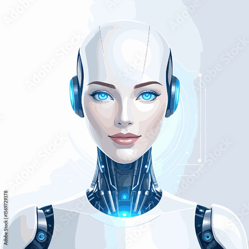 Close Up White Android Portrait with Blue Eyes and Futuristic Design Artificial Intelligence Concept
