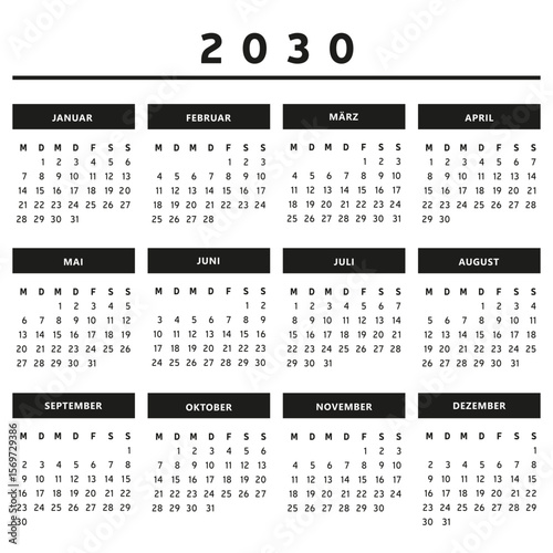 Calendrier 2030 en Allemand - Couleurs Noir et Blanc Format 4 Trimestres