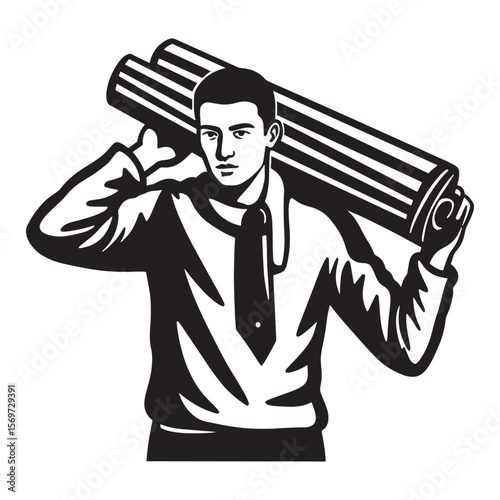Businessman carrying rolled papers overhead in black and white illustration vector design