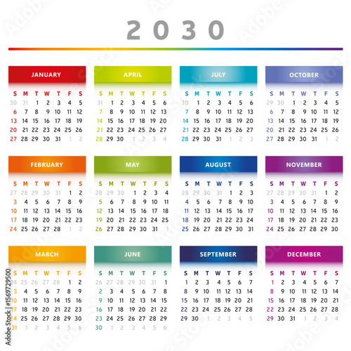 Calendrier 2030 en Anglais - Couleurs Arc-en-Ciel Format 4 Trimestres