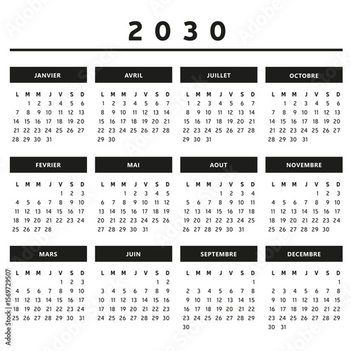 Calendrier 2030 en Français - Couleurs Noir et Blanc Format 4 Trimestres