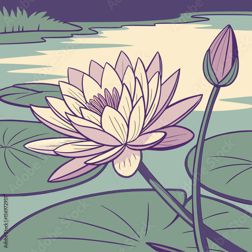 Elegant Water Lily Vector Illustration: A serene vector image of a water lily and bud with round lily pads floating, evoking a sense of peacefulness and natural beauty.