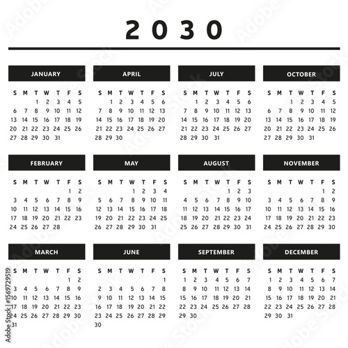 Calendrier 2030 en Anglais - Couleurs Noir et Blanc Format 4 Trimestres