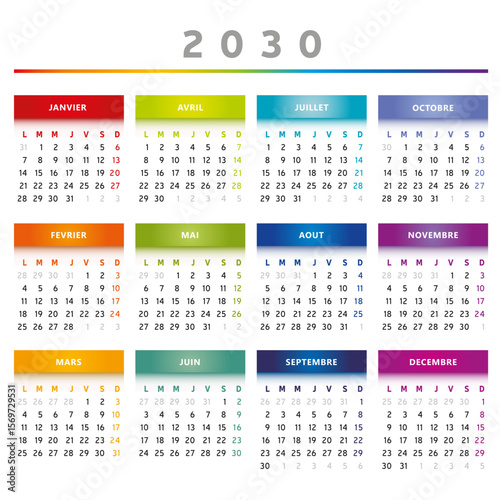 Calendrier 2030 en Français - Couleurs Arc-en-Ciel Format 4 Trimestres