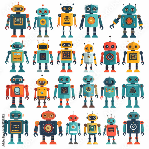 Collection of Retro Style Robots in Various Colors and Designs Set Against a White Background