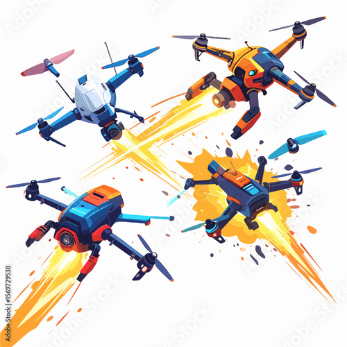 Colorful Cartoon Drones in Flight with Dynamic Yellow Trails in a Graphic Design with Blue White and Orange Color Palette