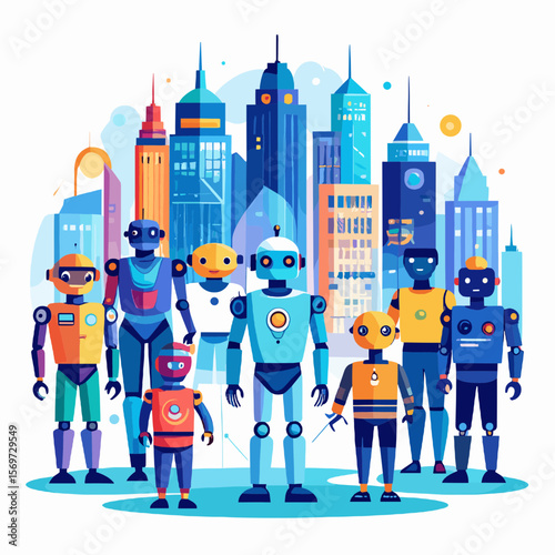 Colorful Cartoon Robots Assemble Before City Skyline with Blue Tones and Modern Architecture Against White Sky