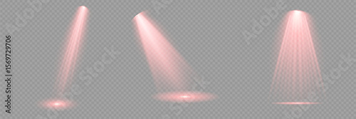 Red glowing stage light ray isolated on empty transparent background. Vector Set of Isolated Spotlight and Studio Lighting for Your Designs in Shades of red. Spotlight effect illuminated illustration.
