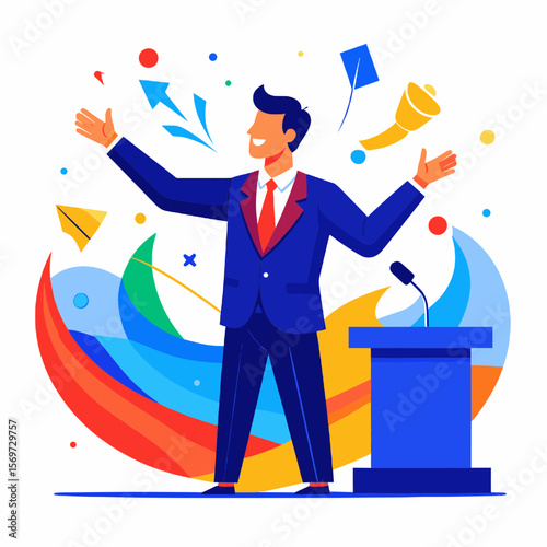 Confident Man Delivering a Speech at Podium in Blue Suit with Colorful Abstract Background Illustration