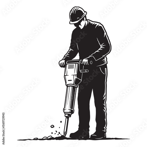 Construction worker utilizing jackhammer to break ground in a black and white illustration