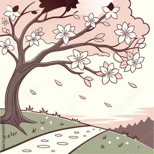 Sakura Tree Art: Captivating hand-drawn artwork depicts a Sakura tree on a hillside, with soft lines and pastel hues that create a serene and aesthetically pleasing scene.