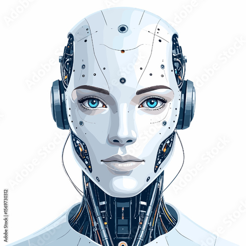 Detailed Portrait of a White Female Robot with Blue Eyes and Pixelated Texture on a White Background Demonstrating Artificial Intelligence