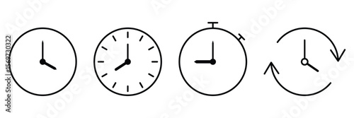 Time management clock and stopwatch icons with countdown reminder rotation and deadline concept in simple outline vector illustration set.