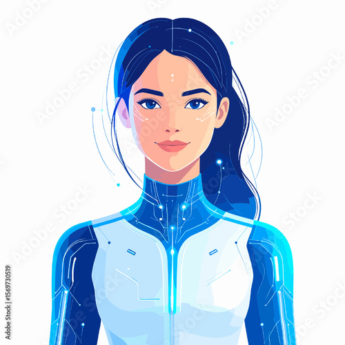 Digital Art Portrait of a Woman with White and Blue Cyberpunk Style Clothing and Dark Hair on a White Background