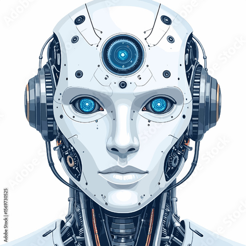 Digital Pixel Art Portrait of a White Android Robot with Blue Eyes and Detailed Cybernetic Components on a White Background