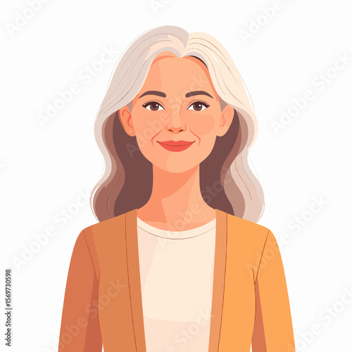 Digital Portrait of a Mature Woman with Gray Hair and Tan Cardigan on White Background with Simple Illustration Style