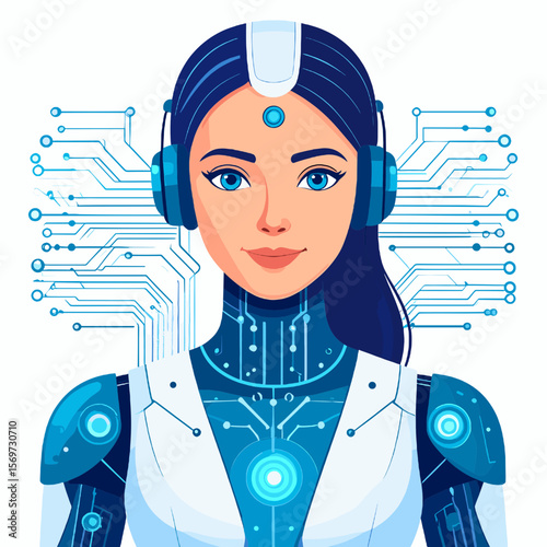 Digital Portrait of an Android Woman with Blue Eyes and Headphones Integrated with Circuitry on a White Background