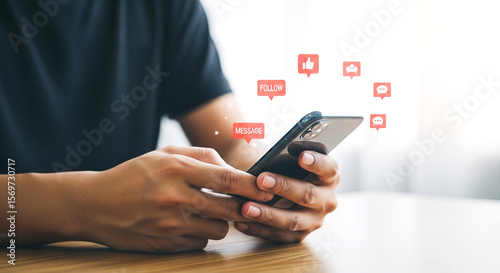 Man using smartphone with social media notifications for engagement and digital marketing strategy