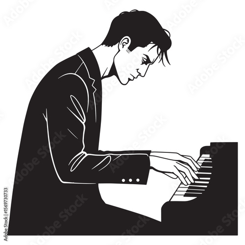 Elegant black and white illustration of a man playing a grand piano with focused concentration