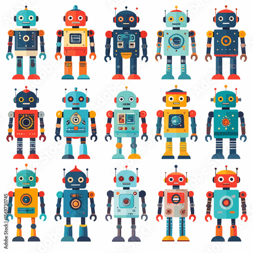 Diverse Collection of Colorful Retro Robots on White Background Graphic Designs of Futuristic Machines