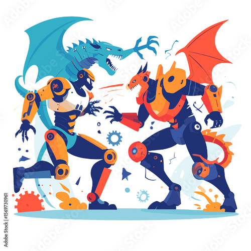 Dynamic Clash of Robotic Warriors and Mythical Dragons in Vector Style