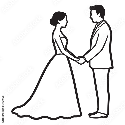 Elegant outline illustration of bride and groom holding hands in a romantic wedding scene