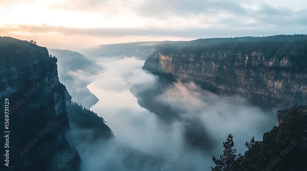 Obraz premium Majestic River Valley Mist Shrouded Sunrise Landscape