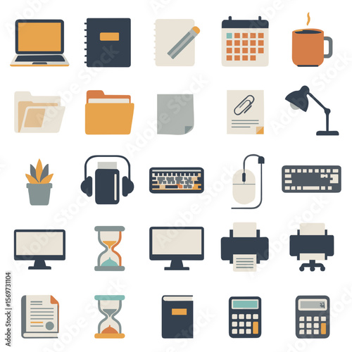 25 Flat Vector Icons – Modern Office Desk Essentials in Grid Layout